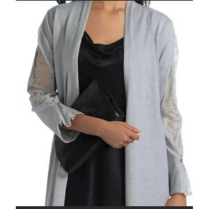 H Halston Lace Panel Long Sleeve Detail Cardigan Heather Gray Women’s XS